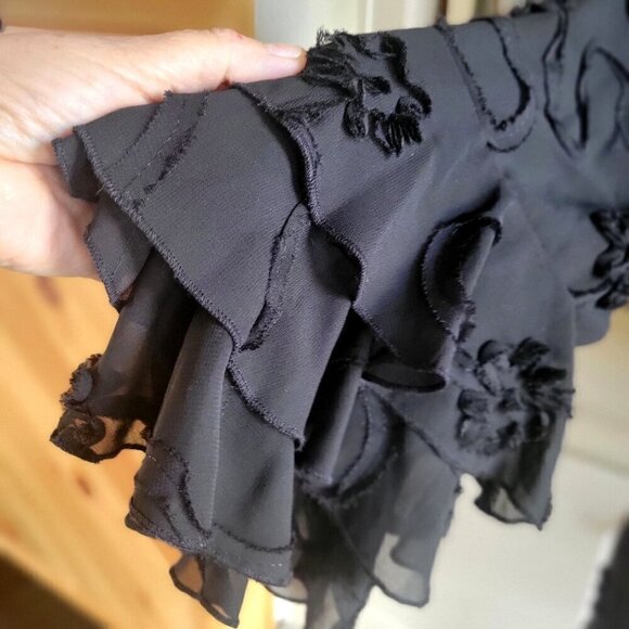 Madison Leigh Dress Black Sheer Top Swirls Ruffled Tiered Sleeves Midi- 8 - Picture 6 of 10